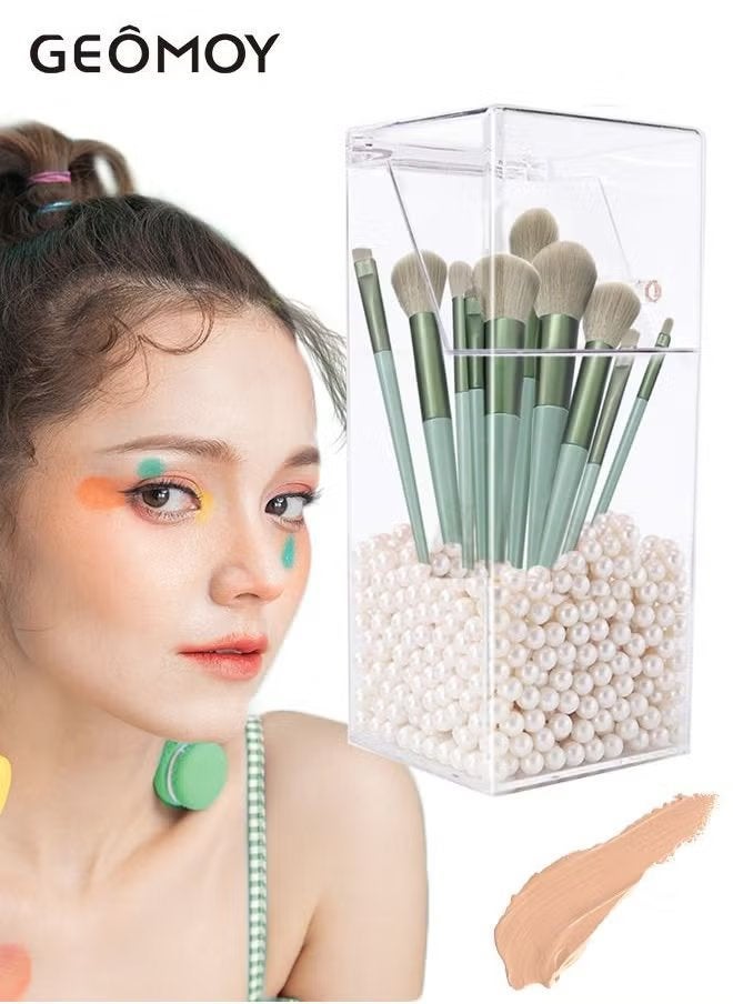 Geomoy 13pcs Makeup Brush & Holder with Lid Acrylic, Dustproof Cosmetic Organizer Makeup Brush Holder Storage Case Box With White Pearl for Bathroom, Dresser, Vanity and Countertop - Image 5