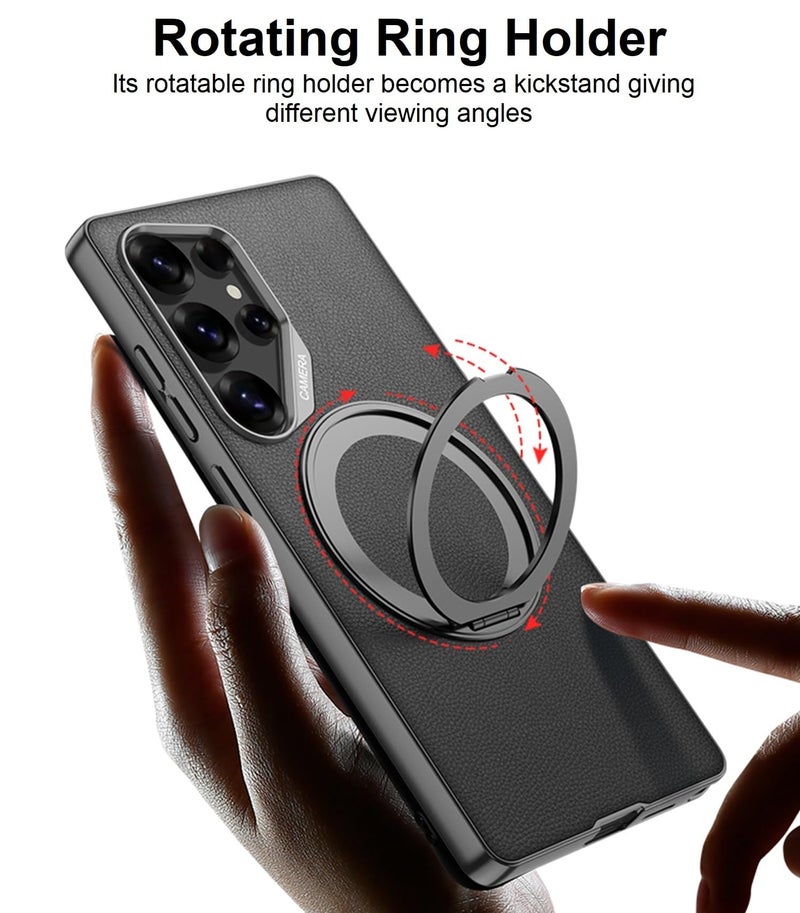 Midkart Leather Case Compatible with Samsung Galaxy S25 Ultra and Compatible with Wireless Charging Rotatable Ring Holder Kickstand & Camera Protection, Orange - Image 4