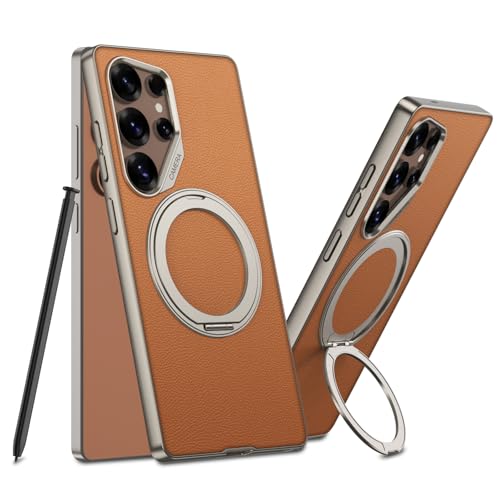 Midkart Leather Case Compatible with Samsung Galaxy S25 Ultra and Compatible with Wireless Charging Rotatable Ring Holder Kickstand & Camera Protection, Orange - Image 1