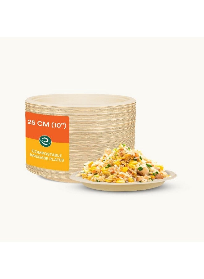 ECO SOUL [10 inch, 50 Pack Disposable Bagasse Plates | Eco-Friendly, Biodegradable, Sugarcane Paper Plates | for Serving Snacks | Birthday, Wedding & Party | Round, Beige (25 cm) - Image 1