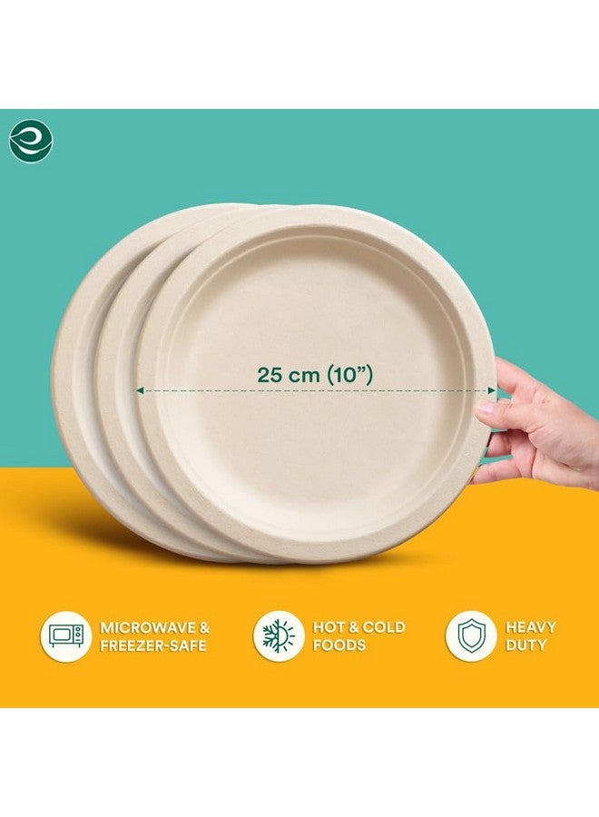 ECO SOUL [10 inch, 50 Pack Disposable Bagasse Plates | Eco-Friendly, Biodegradable, Sugarcane Paper Plates | for Serving Snacks | Birthday, Wedding & Party | Round, Beige (25 cm) - Image 2