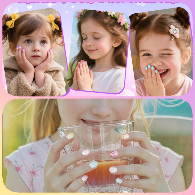 Pumkryth 120pcs False Nails Press on Nails for Kids - Self-Adhesive Short Fake Artificial Full Cover Nail Art Kits Transation with Nail Sticker Tabs for Girls Children - Image 5