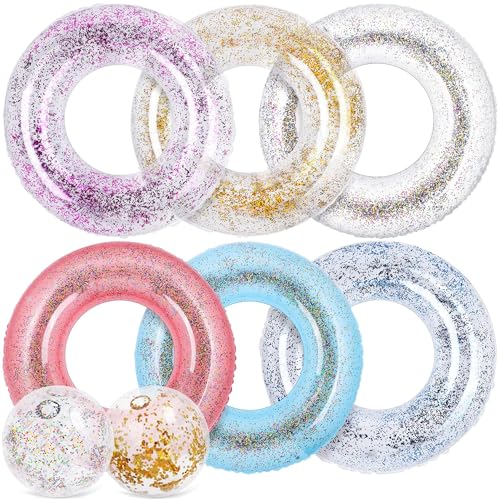 Elcoho 8 Pack Inflatable Glitters Pool Float Beach Balls Set 35 Inch Large Swim Ring Flotation Pool Floats Toy Inflatable Transparent Inner Tube Confetti Beach Balls for Swimming Pool Beach - Image 1