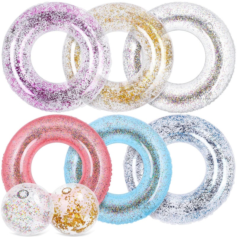 Elcoho 8 Pack Inflatable Glitters Pool Float Beach Balls Set 35 Inch Large Swim Ring Flotation Pool Floats Toy Inflatable Transparent Inner Tube Confetti Beach Balls for Swimming Pool Beach - Image 4