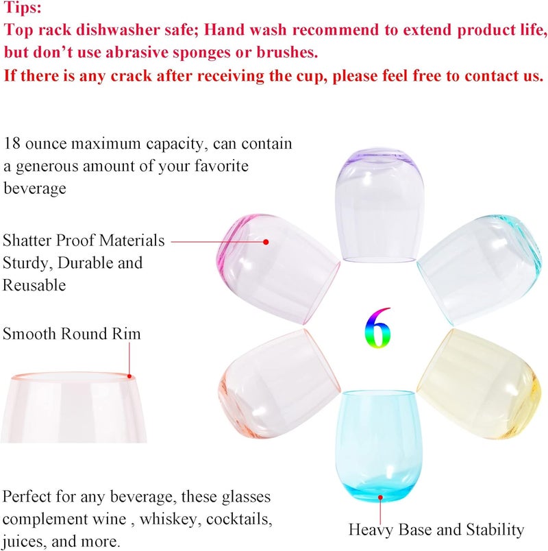 KOXIN-KARLU Classic 18-ounce Acrylic Stemless Wine Glasses, Unbreakable Mixed Drinkware Plastic Tumbler, set of 6 Mutlicolor - Image 3