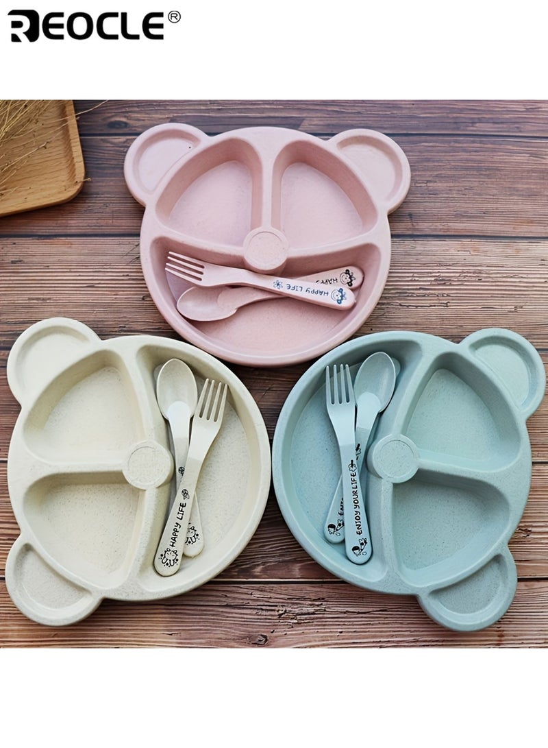 REOCLE 3pcs Cartoon Bear Feeding Set for Toddlers Non-Slip Suction Plate with Spoon and Fork Safe and Easy-to-Grip for Learning Self-Feeding Wheat-Straw Eco-Friendly Material - Image 1