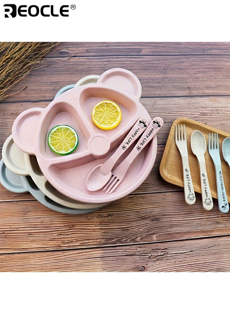 REOCLE 3pcs Cartoon Bear Feeding Set for Toddlers Non-Slip Suction Plate with Spoon and Fork Safe and Easy-to-Grip for Learning Self-Feeding Wheat-Straw Eco-Friendly Material - Image 2
