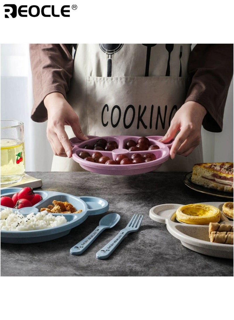 REOCLE 3pcs Cartoon Bear Feeding Set for Toddlers Non-Slip Suction Plate with Spoon and Fork Safe and Easy-to-Grip for Learning Self-Feeding Wheat-Straw Eco-Friendly Material - Image 3