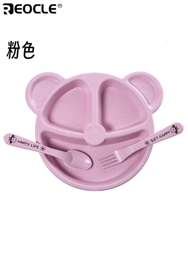 REOCLE 3pcs Cartoon Bear Feeding Set for Toddlers Non-Slip Suction Plate with Spoon and Fork Safe and Easy-to-Grip for Learning Self-Feeding Wheat-Straw Eco-Friendly Material - Image 5