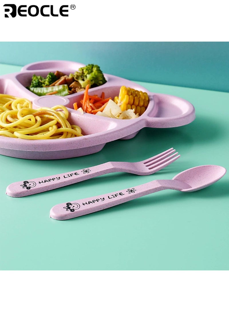 REOCLE 3pcs Cartoon Bear Feeding Set for Toddlers Non-Slip Suction Plate with Spoon and Fork Safe and Easy-to-Grip for Learning Self-Feeding Wheat-Straw Eco-Friendly Material - Image 4