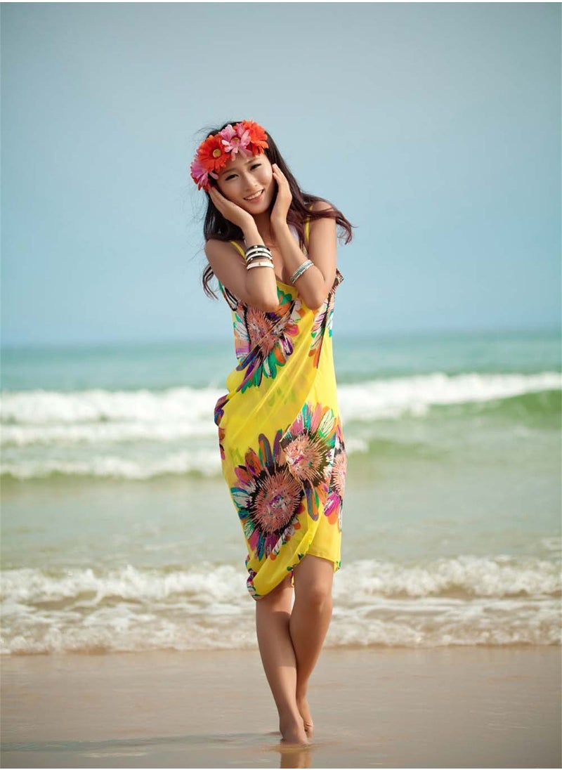 Loquat Women Summer Floral Chiffon Bikini Cover Up Beach Dress Swimwear Wrap Yellow 