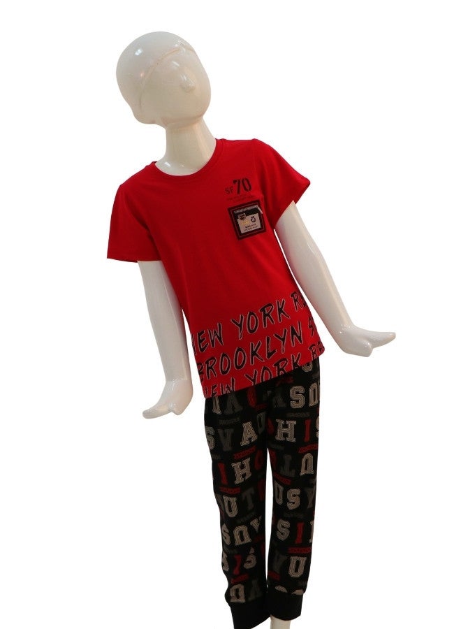 JOANNA JOANNA Boy's New York Brooklyn Print Short Sleeve Shirt & Long Pants Pajama Set, Red/Black - Image 1