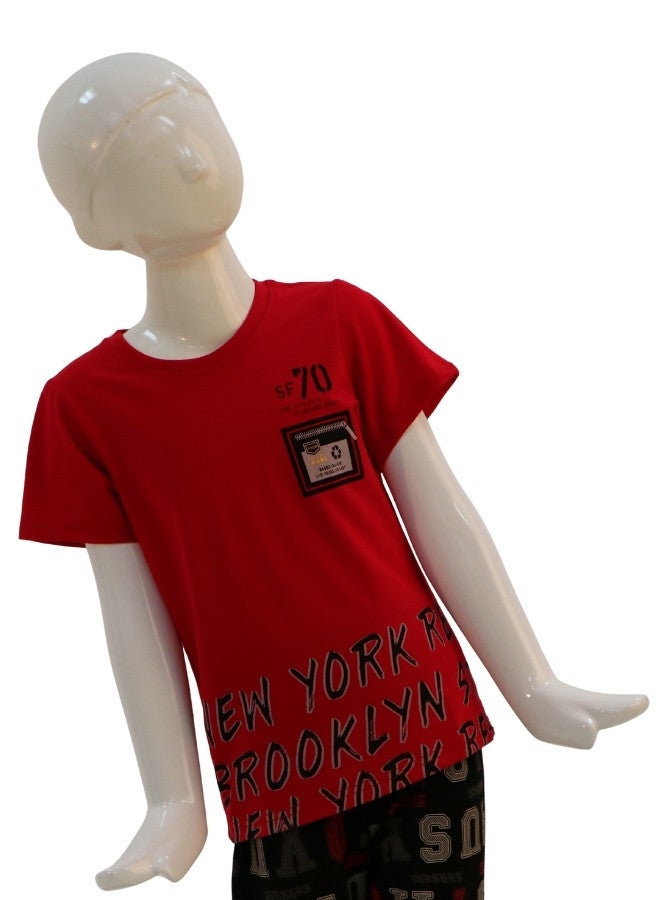 JOANNA JOANNA Boy's New York Brooklyn Print Short Sleeve Shirt & Long Pants Pajama Set, Red/Black - Image 2