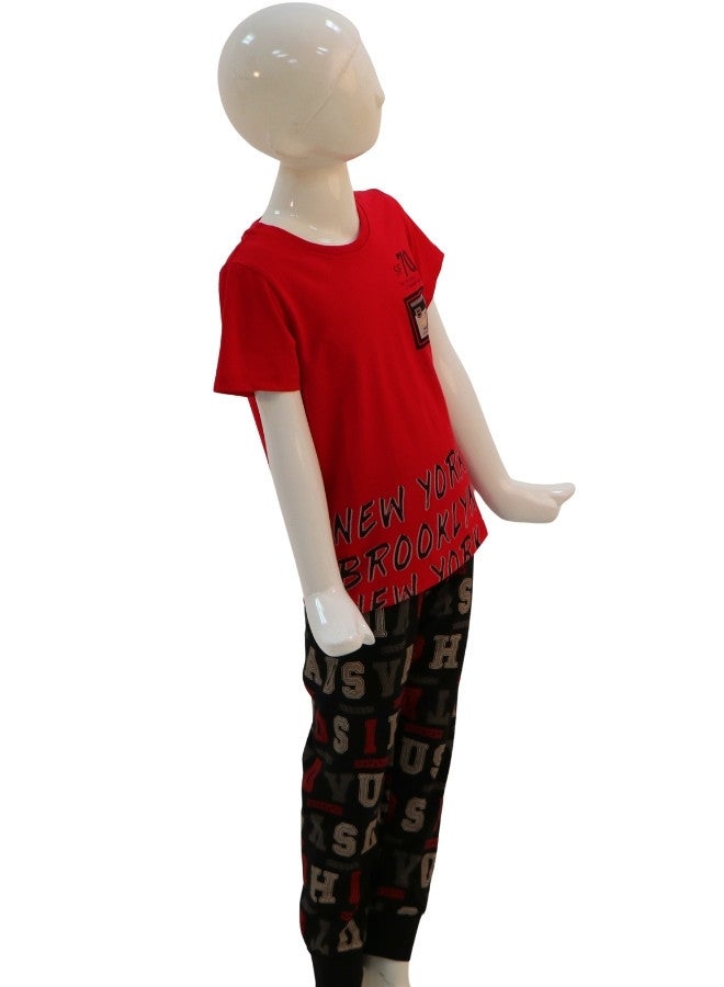 JOANNA JOANNA Boy's New York Brooklyn Print Short Sleeve Shirt & Long Pants Pajama Set, Red/Black - Image 4