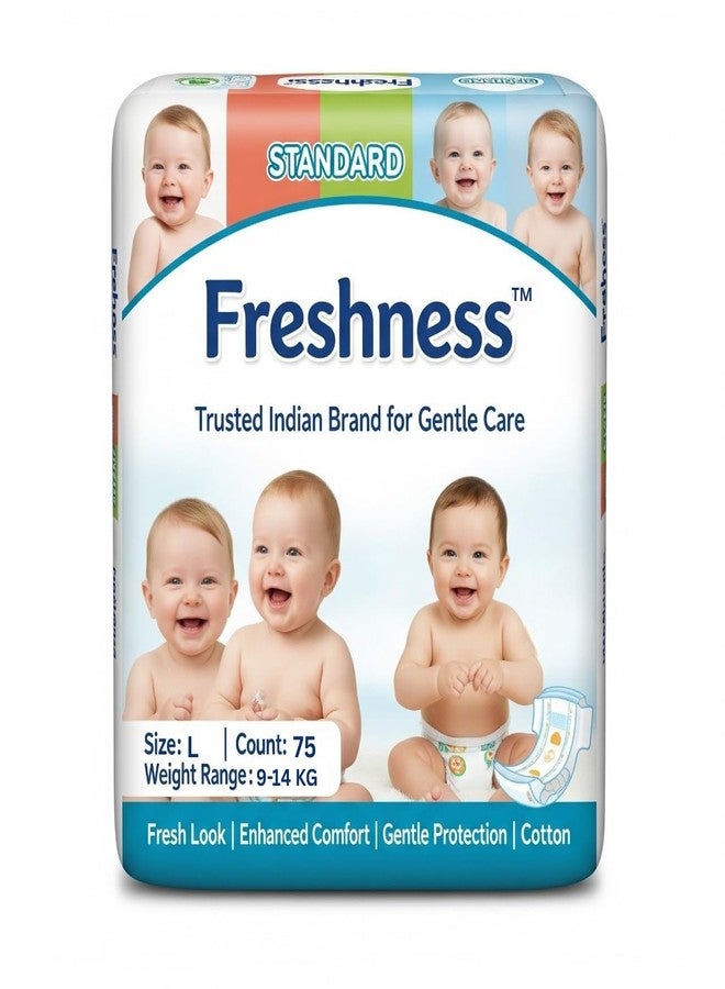 Freshness حفاضات أطفال منعشة | امتصاص يدوم 12 ساعة | لا تسبب طفحاً جلدياً وناعمة للغاية | مؤشر للبلل | للجنسين (مقاس كبير، 75 حفاضة) - Image 1