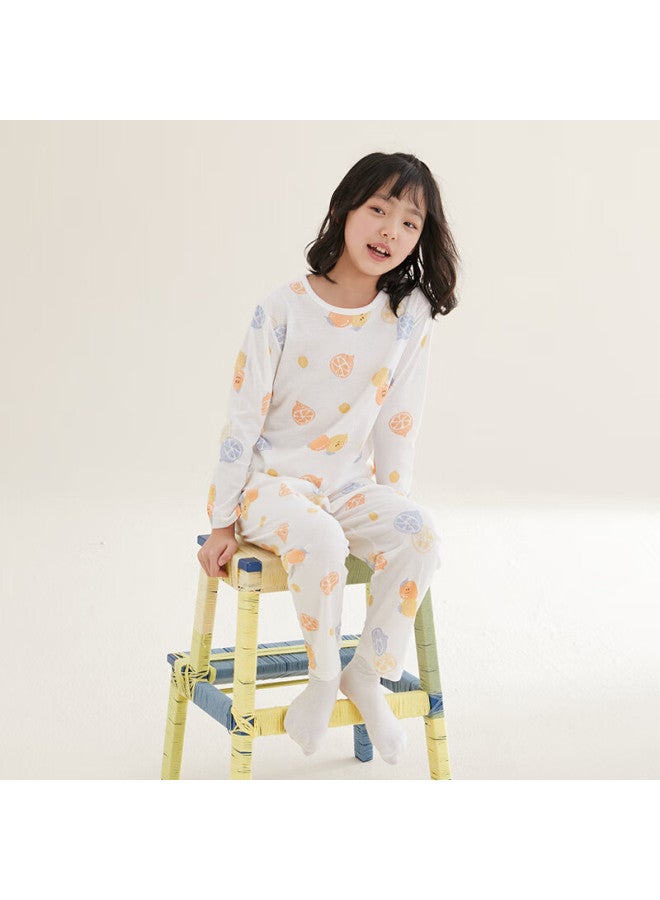 Red Bean Hongdou Children'S Pajamas, Boys And Girls Spring And Summer Thin Pure Cotton Home Wear Set, Long-Sleeve Pants, Air Conditioning Suit, J3112, White, 130 - Image 2