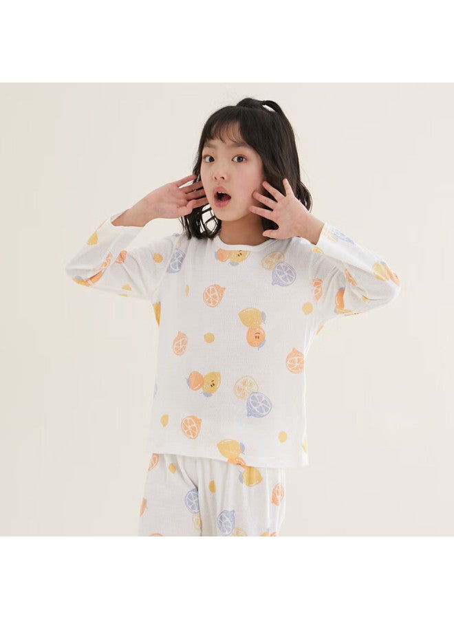 Red Bean Hongdou Children'S Pajamas, Boys And Girls Spring And Summer Thin Pure Cotton Home Wear Set, Long-Sleeve Pants, Air Conditioning Suit, J3112, White, 130 - Image 1