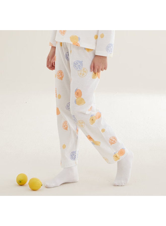 Red Bean Hongdou Children'S Pajamas, Boys And Girls Spring And Summer Thin Pure Cotton Home Wear Set, Long-Sleeve Pants, Air Conditioning Suit, J3112, White, 130 - Image 3