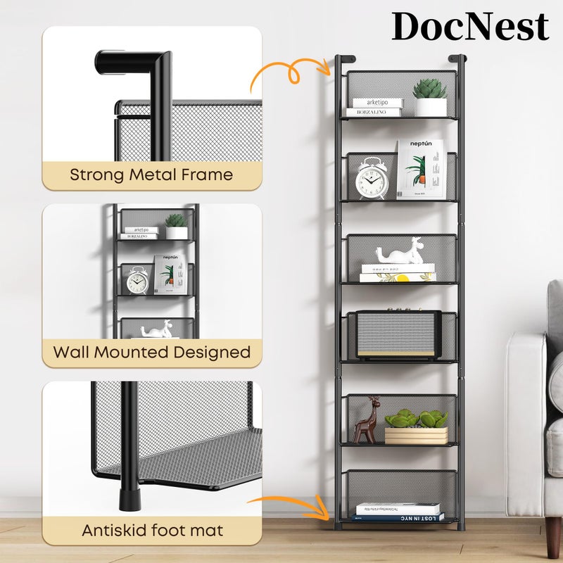 Docnest Industrial Wall-Mounted Ladder Shelf - 6-Tier Metal Bookshelf Organizer, 47.6 Inch Modern Floating Shelves for Plants, Books & Home Decor, Black Industrial Storage Shelving - Image 4