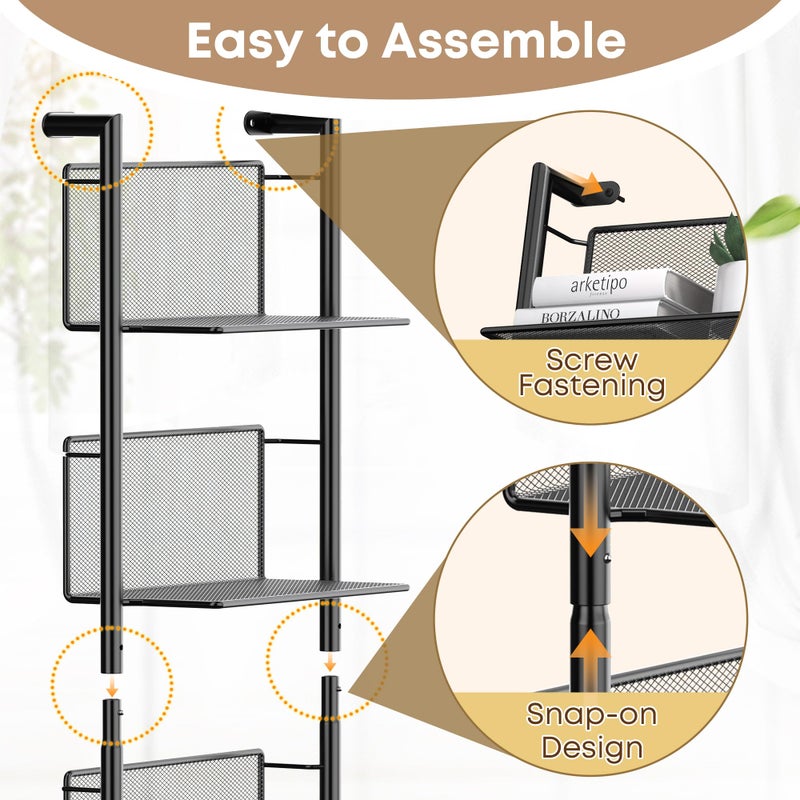 Docnest Industrial Wall-Mounted Ladder Shelf - 6-Tier Metal Bookshelf Organizer, 47.6 Inch Modern Floating Shelves for Plants, Books & Home Decor, Black Industrial Storage Shelving - Image 3