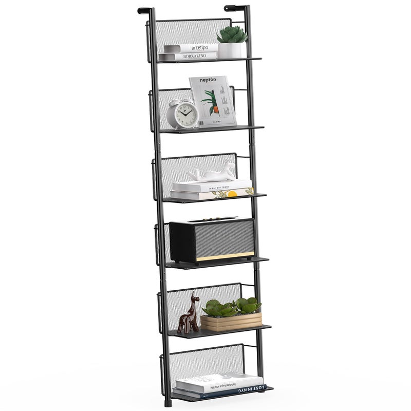 Docnest Industrial Wall-Mounted Ladder Shelf - 6-Tier Metal Bookshelf Organizer, 47.6 Inch Modern Floating Shelves for Plants, Books & Home Decor, Black Industrial Storage Shelving - Image 1