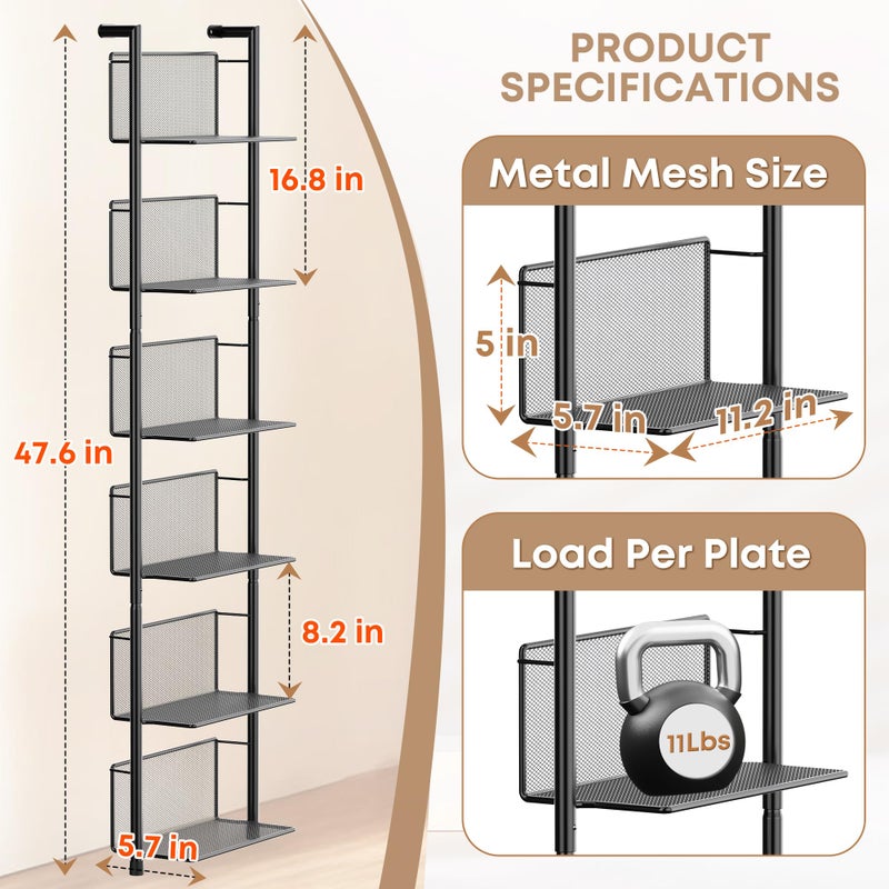 Docnest Industrial Wall-Mounted Ladder Shelf - 6-Tier Metal Bookshelf Organizer, 47.6 Inch Modern Floating Shelves for Plants, Books & Home Decor, Black Industrial Storage Shelving - Image 2