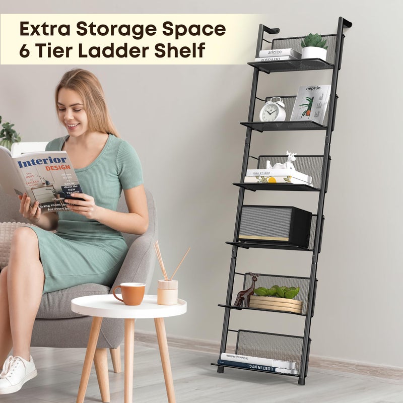Docnest Industrial Wall-Mounted Ladder Shelf - 6-Tier Metal Bookshelf Organizer, 47.6 Inch Modern Floating Shelves for Plants, Books & Home Decor, Black Industrial Storage Shelving - Image 5