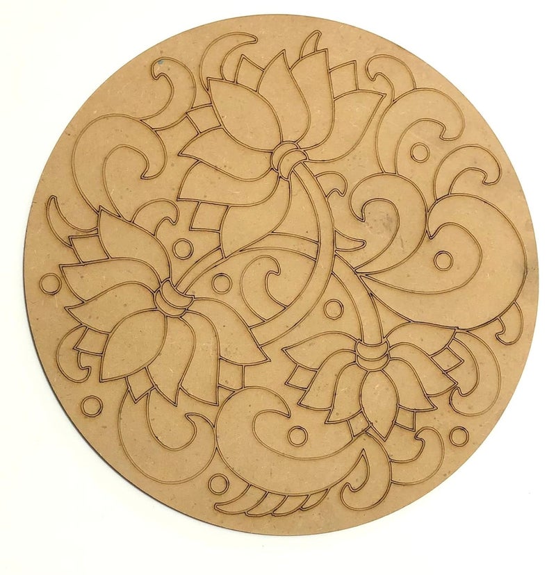 GSTORE GSTORE Pine MDF PreMarked Wooden Lotus Design Rangoli Round Shapes Cutout for DIY Work Art and Craft for Mandala Art Acrylic Painting 8 Inch Pack of 2 275 mm Thikness  - Image 1