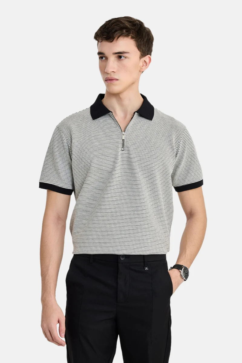 SNITCH Black Striped Half Sleeve Regular Fit Casual T-Shirt
