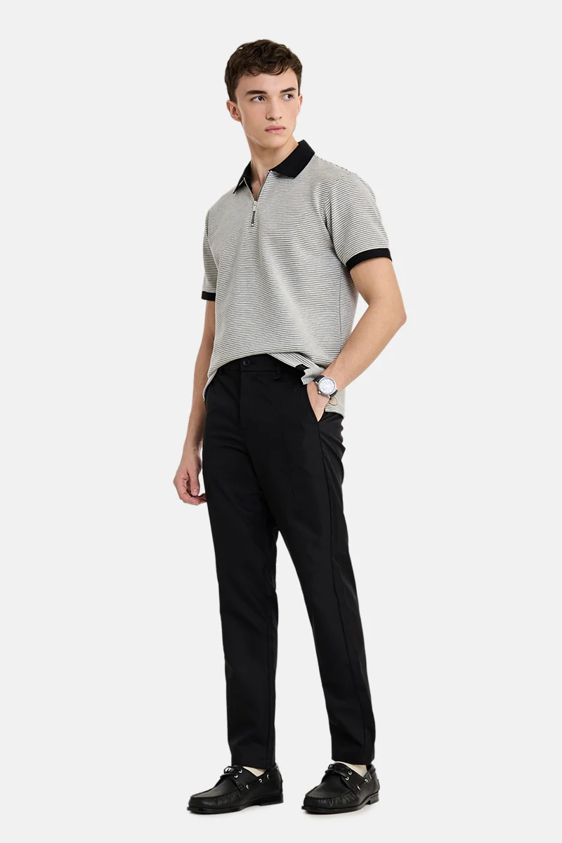 SNITCH Black Striped Half Sleeve Regular Fit Casual T-Shirt