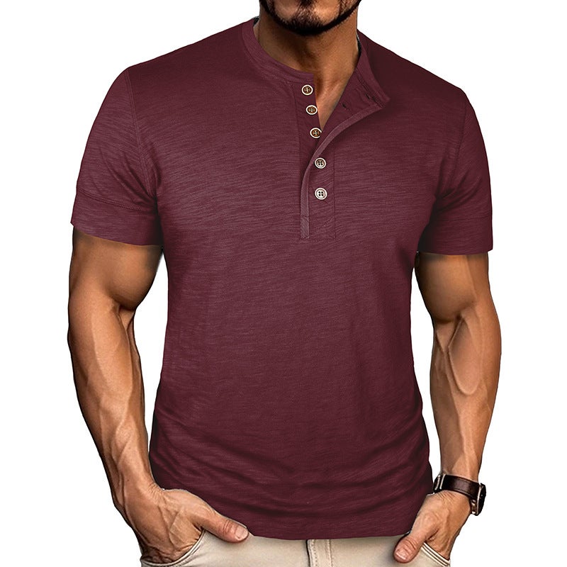 Summer Cross-Border and Men''s Short-Sleeved Cotton Henley Shirt Men''s Casual Round Neck T-Shirt Tops Wholesale - Image 1