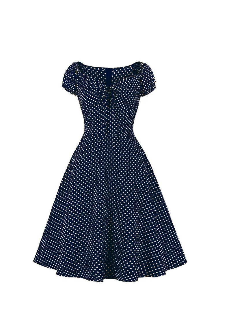 Loquat Square Neck Style Retro Large Swing Dress Blue  - Image 1