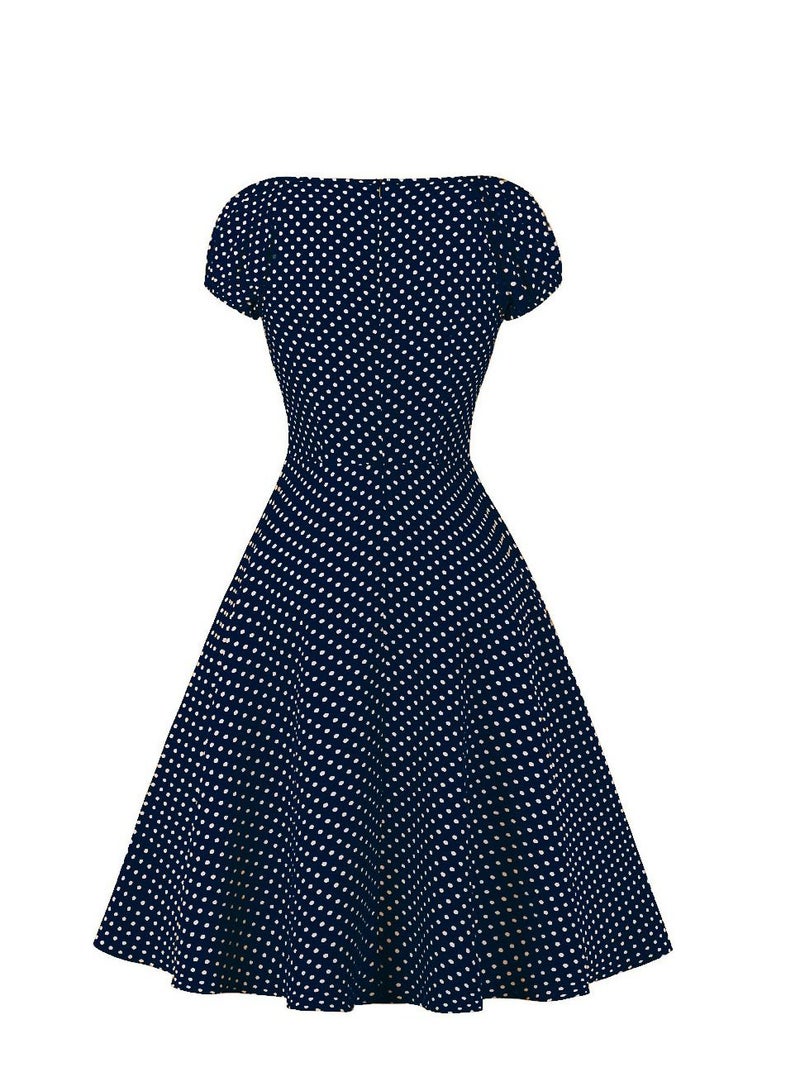 Loquat Square Neck Style Retro Large Swing Dress Blue  - Image 2