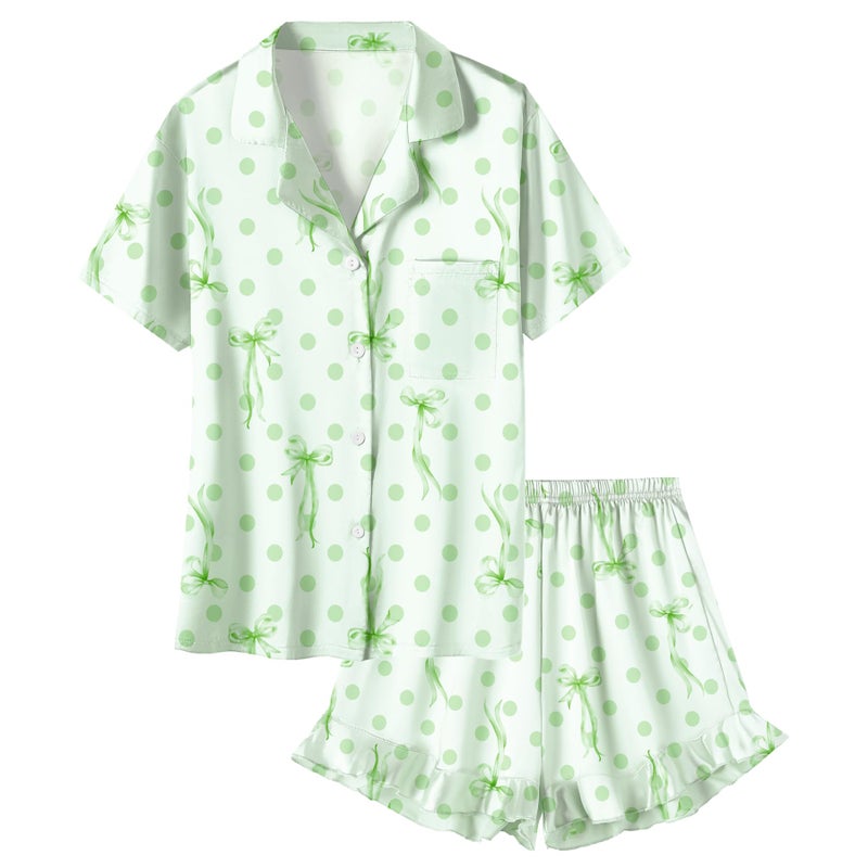 Umeyda Girls Satin Silky Collar V Neck Ruffle Short Sleeve Top and Shorts Sleepwear PJs, Bow Light Green, 5-6 Years - Image 1