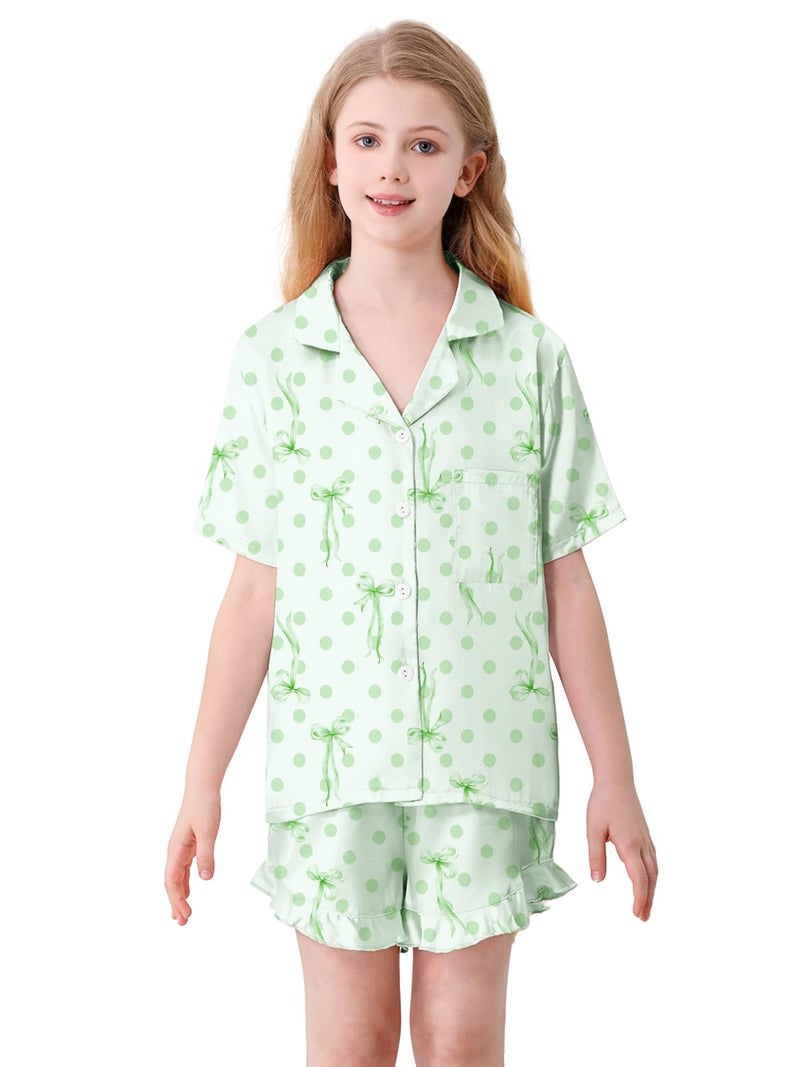 Umeyda Girls Satin Silky Collar V Neck Ruffle Short Sleeve Top and Shorts Sleepwear PJs, Bow Light Green, 5-6 Years - Image 2