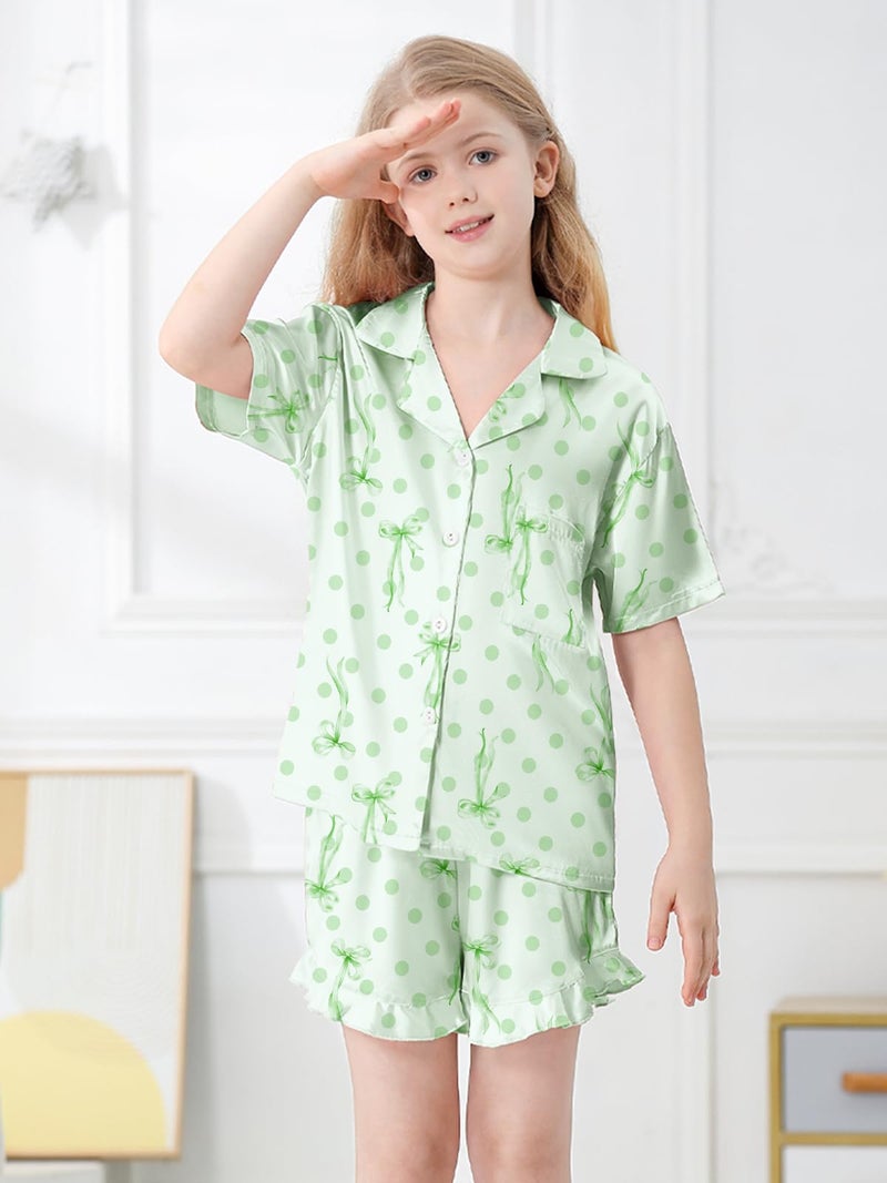 Umeyda Girls Satin Silky Collar V Neck Ruffle Short Sleeve Top and Shorts Sleepwear PJs, Bow Light Green, 5-6 Years - Image 3