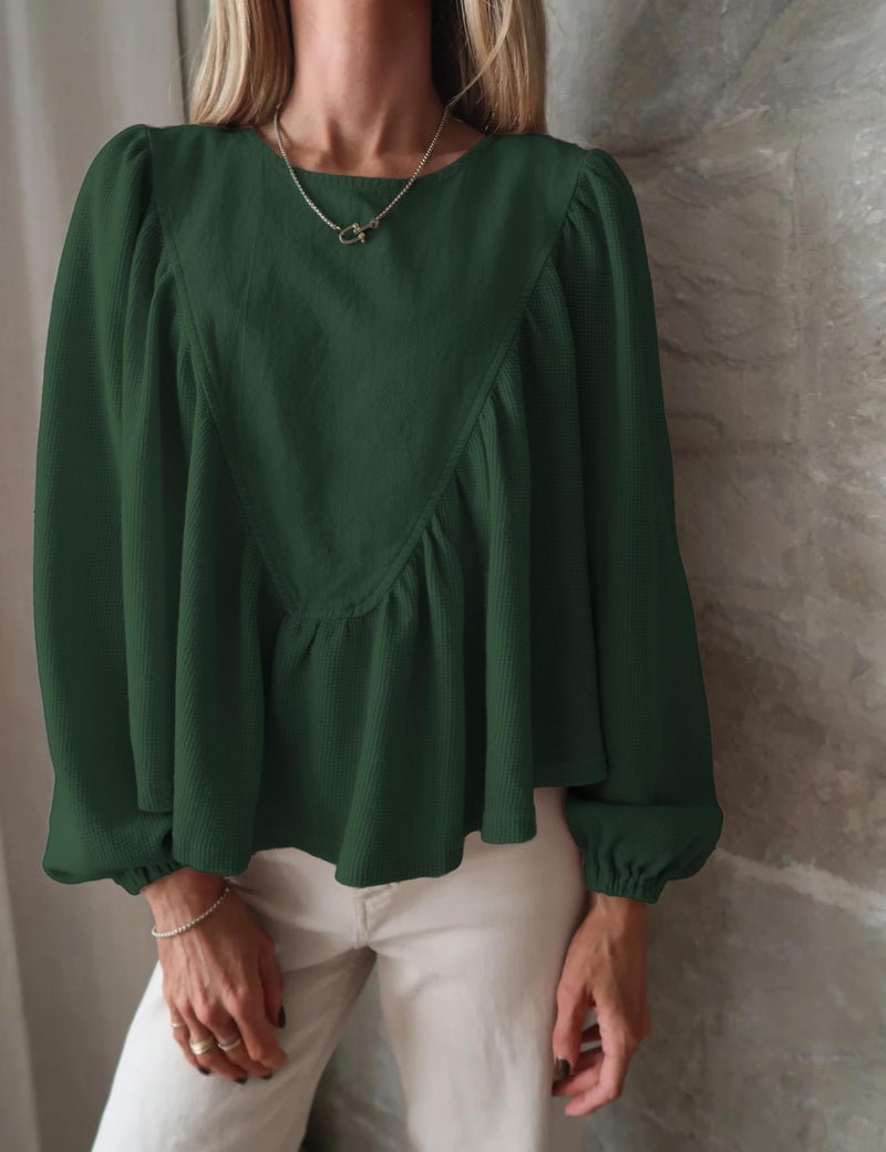 IQSQSQ Women's Peplum Babydoll Top Waffle Knit Shirt with Back Button Lantern Sleeves for Casual Outfits(A-Green-S) - Image 4