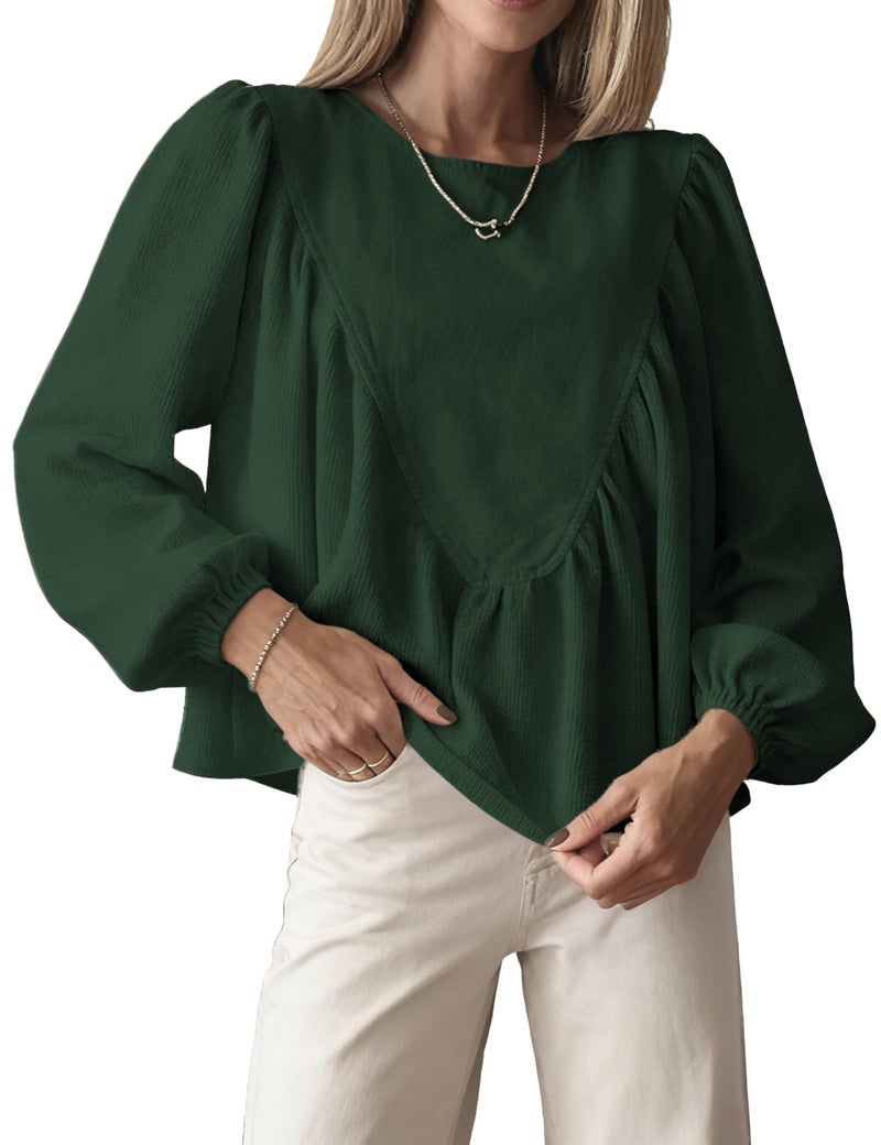 IQSQSQ Women's Peplum Babydoll Top Waffle Knit Shirt with Back Button Lantern Sleeves for Casual Outfits(A-Green-S) - Image 1