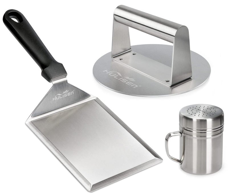 HULISEN Smashed Burger Kit Stainless Steel Burger Press Grill Spatula and Spice Dredge Shaker  Burger Smasher Griddle Accessories Kit for Flat Top Griddle Grill Cooking Gift Package