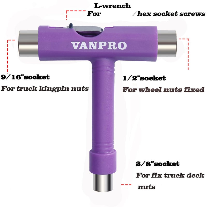 Vanpro skateboard tools skate tool all in one Used for installation and maintenance of various skateboards and roller skatesï¼Œetc.(Snow Purple, Pack of 1) - Image 2