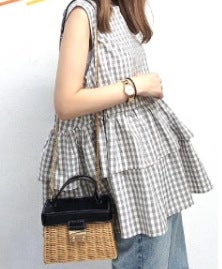 Japanese and Korean 2024 Lotte New Style Ruffled Loose and Versatile Ruffled Babydoll Shirt Womens Shirt Top Small Shirt Light gray plaid