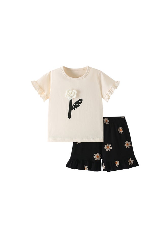 Malwee Girls Suit Summer New European And American Kidsren's Round Neck T-shirt Short-sleeved Elastic Waist Two-piece Set - Image 1