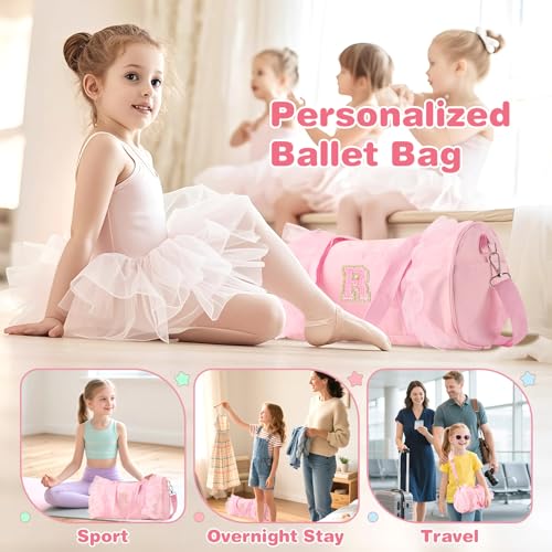 Iqimott Birthday Gifts for 2 3 4 5 6 7 8 9 10 Year Old Girls, Personalized Initial Kids Ballet Dance Bag, Cute Letter Zipper Toddler Travel Duffle Bags with Adjustable Straps,Gift for Teen Girls Women(Pink-R) - Image 5