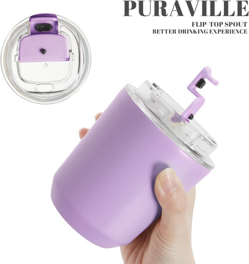 Puraville أقداح بورافيل المعزولة مع غطاء، 10 أونصة كأس قهوة سفر من الفولاذ المقاوم للصدأ، كوب مفرغ مقاوم للتسرب قابل لإعادة الاستخدام ذو جدار مزدوج للمشروبات المثلجة والساخنة، أرجواني - Image 5