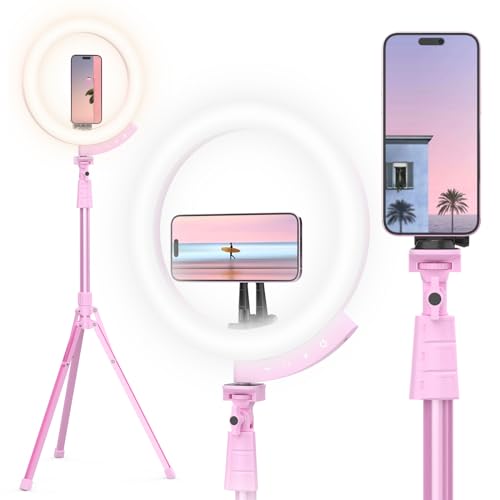 UBeesize 12 LED Ring Light with 62 Tripod Stand and Magnetic Phone Holder Selfie Ring Light for Video Recording Live Streaming Compatible with iPhone Android Pink - Image 1