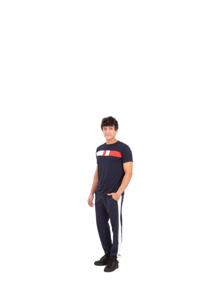 A confusing outfit for boys: navy blue pants with a white stripe and a navy T-shirt with a red stripe and a white stripe - Image 1