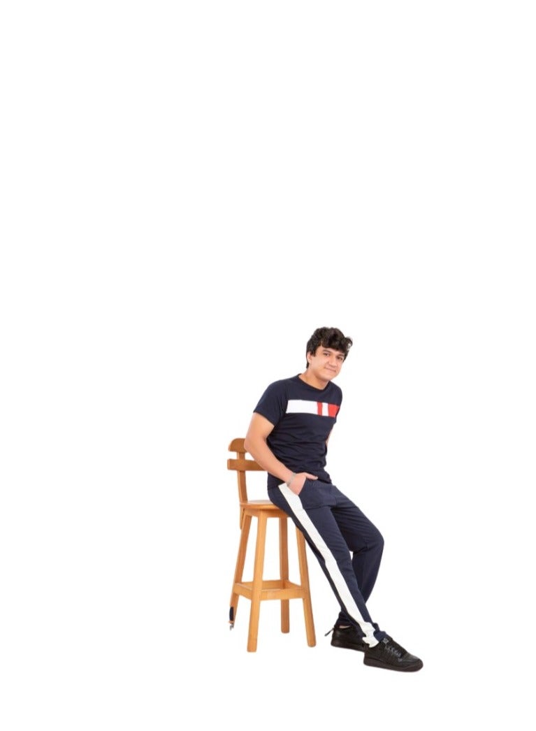 A confusing outfit for boys: navy blue pants with a white stripe and a navy T-shirt with a red stripe and a white stripe - Image 2