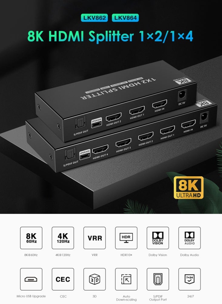 لينكينج موزع HDMI 1x2 بدقة 8K بسرعة 60 هرتز موديل LKV862 لينكينج - Image 4