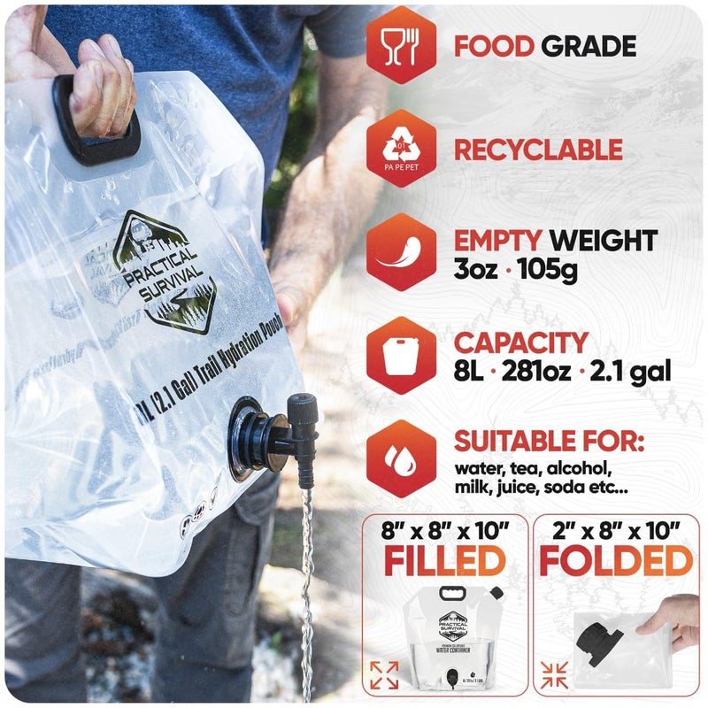 Practical Survival 2 Collapsible Water Container Bags with Premium Spigot - 2.1 Gallon/8L BPA-Free Portable Water Storage Jug for Hurricane Preparedness, Camping, Backpacking - 2 Pack - Image 2
