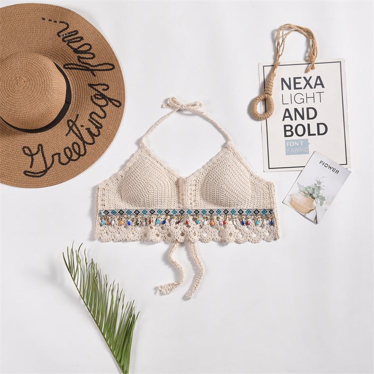 2023 New Camisole Small Vest Hanging Neck With Shoulder Strap Chest Pad Backless Hollow Tube Top Embroidered Short Vest - Image 4